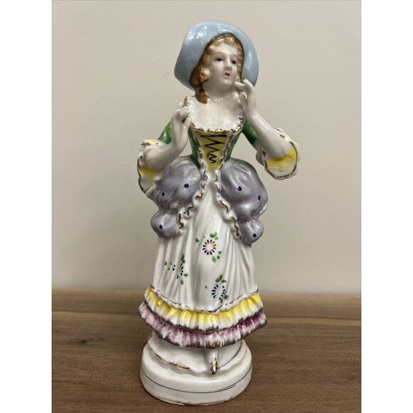 Vtg 8" Woman in Blue Hat Gold Trim Figurine Made in Japan Hand Painted Porcelain - Picture 2 of 15
